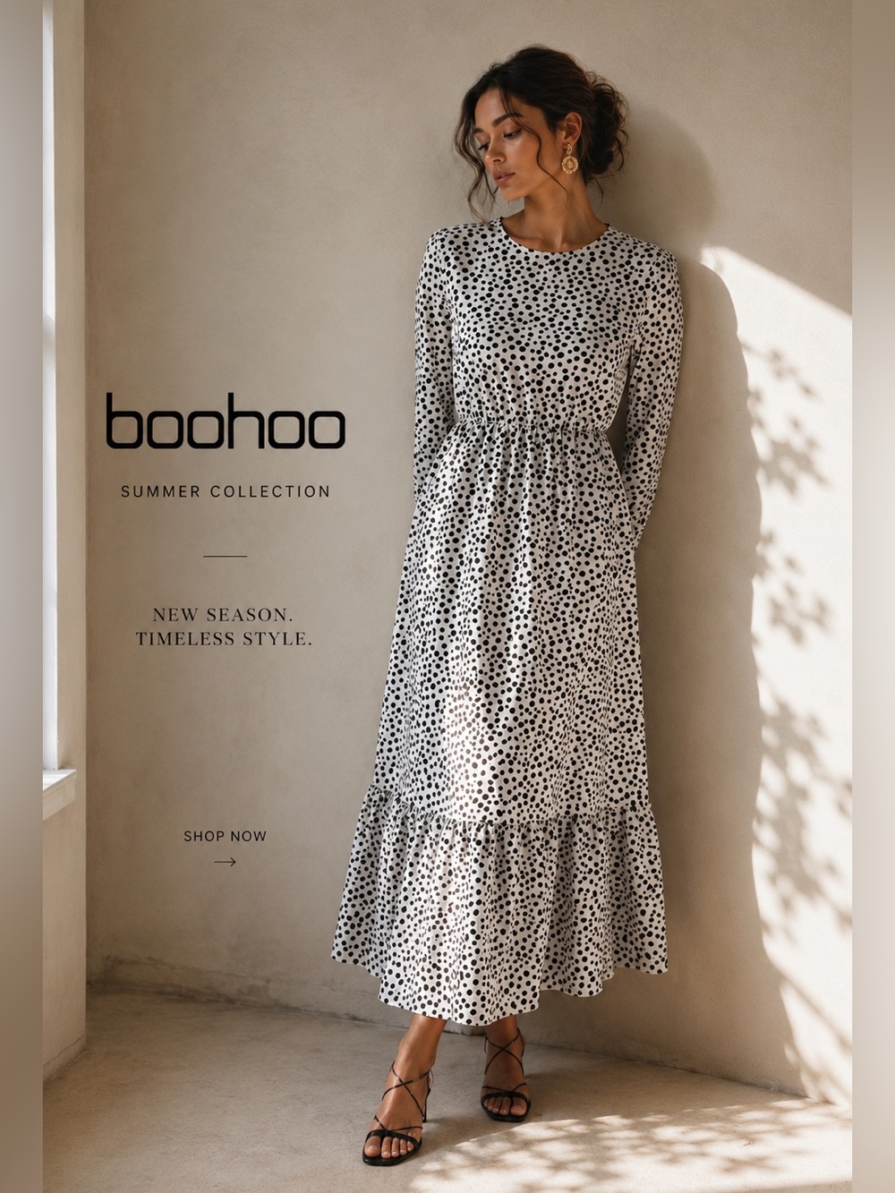 Boohoo Black and White Polka Dot Long Sleeve Maxi Dress S